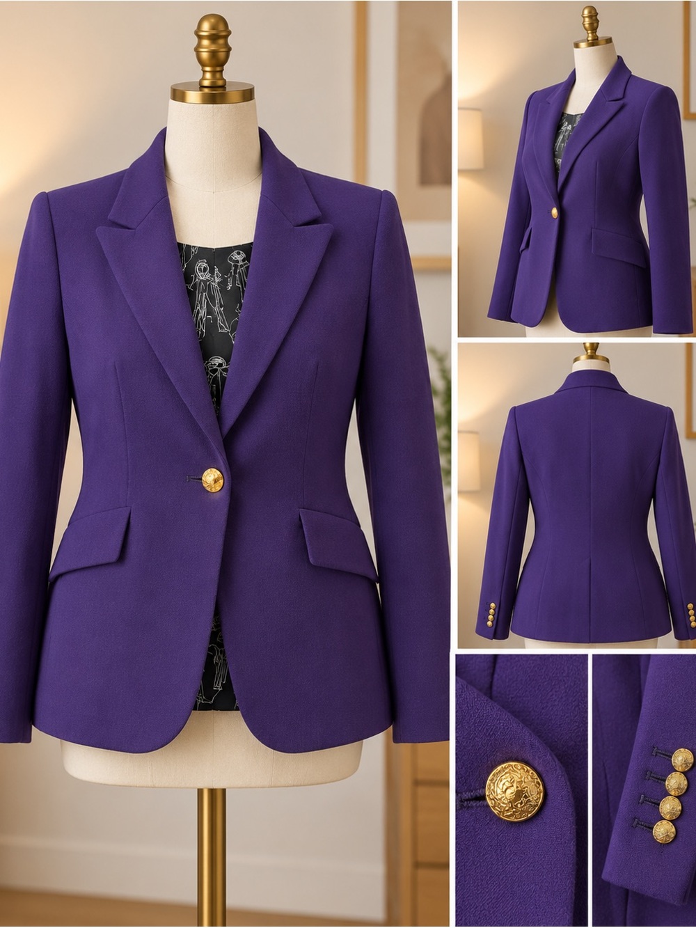 WHBM Editor Blazer Deep Amethyst Purple Gold Buttons Size 16